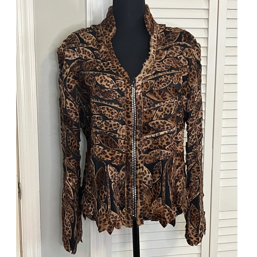 Image‎ Leather Leopard leaf Jacket Women L Full Zip Mesh Long Sleeve Lightweight